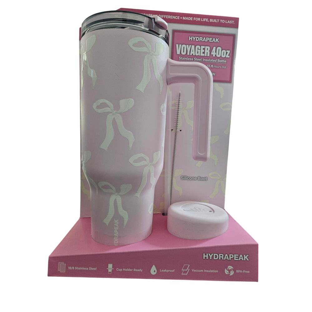 Hydrapeak Voyager 40 oz Stainless Pink Bows Travel Tumbler Limited Edition NEW